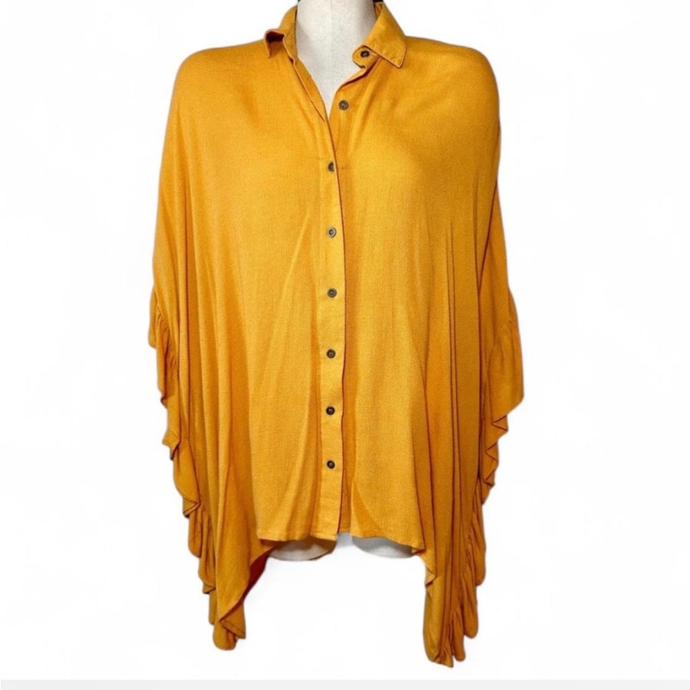 IJOAH Mustard Oversized Button Down Knit Top Small Boho Flowing Cape Blouse